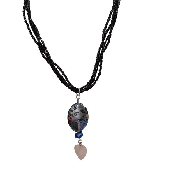 Vintage Hand Beaded Hearts and Flowers Drop Pendant on Multi Strand Black - Picture 4 of 5
